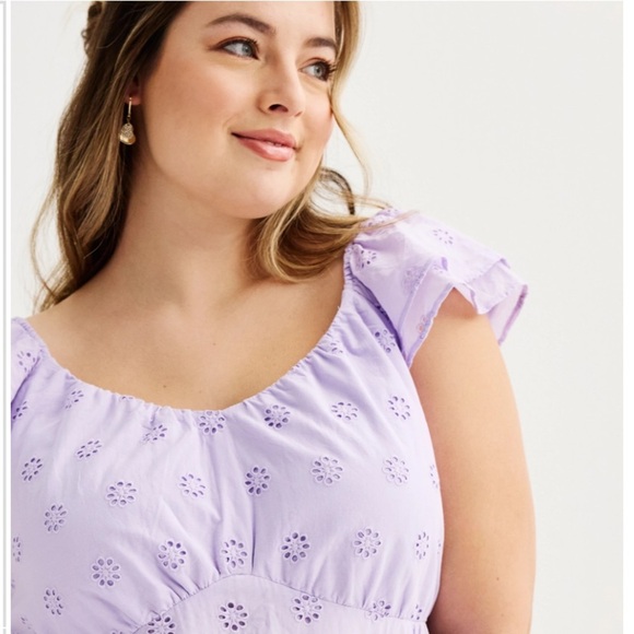 NWT SO Juniors Plus 1X Lavender Flutter Sleeve Eyelet Babydoll Dress, Spring - Picture 3 of 9